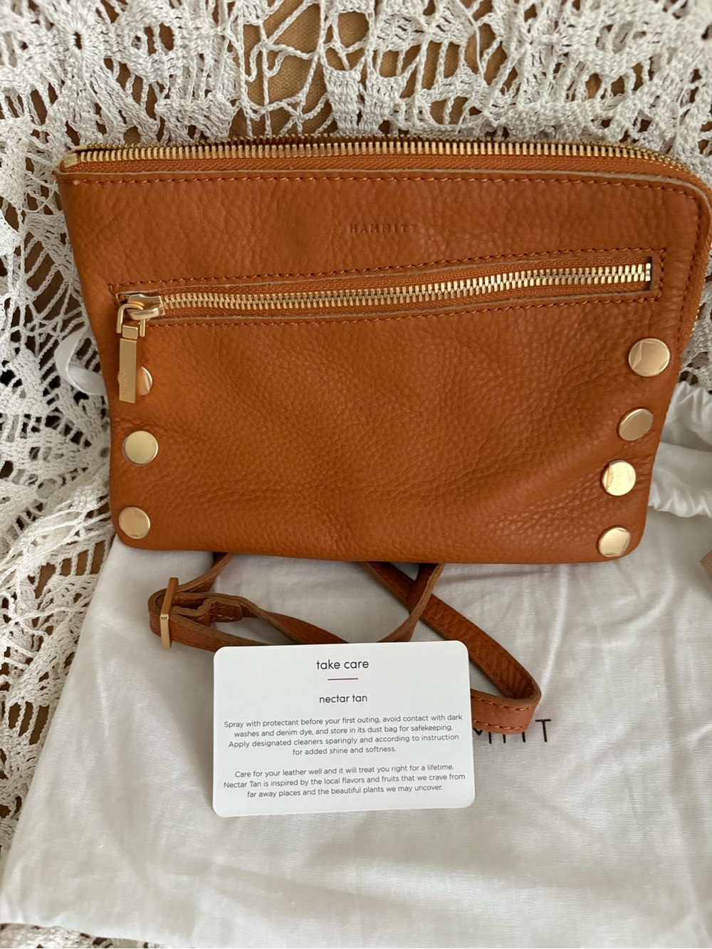 Hammitt Nectar Tan Pebbled Leather Crossbody with Gold Studs
